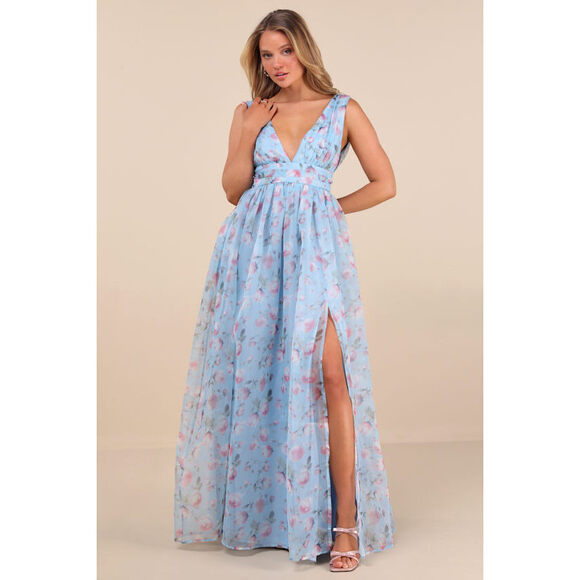 Lulus Dresses & Skirts - Lulu's Light Blue Floral Maxi Dress with Pink Accents